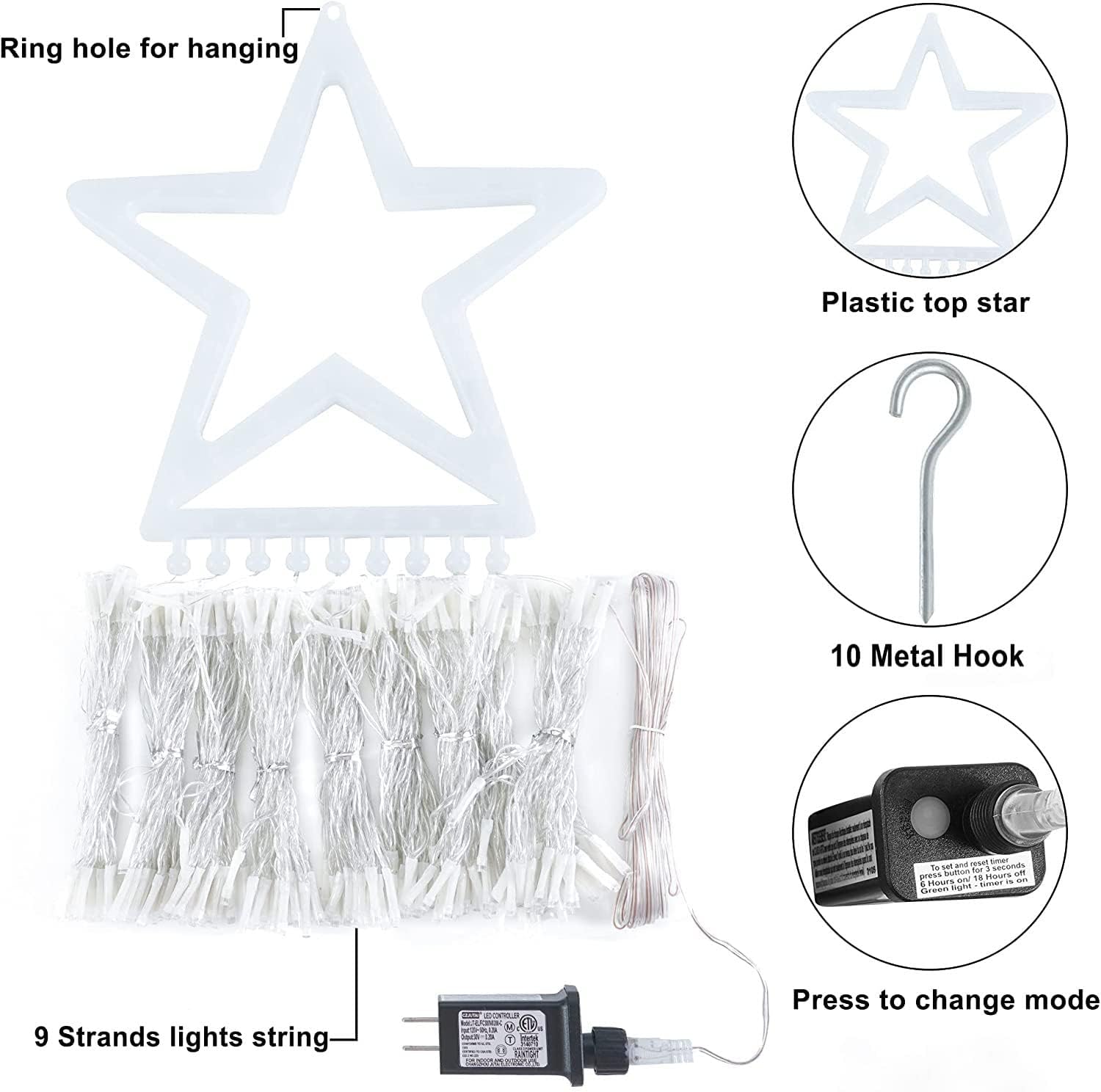 Skiennix Christmas Star String Lights - 320 LEDs Waterproof Fairy Lights with 13" Topper Star for Outdoor Decor