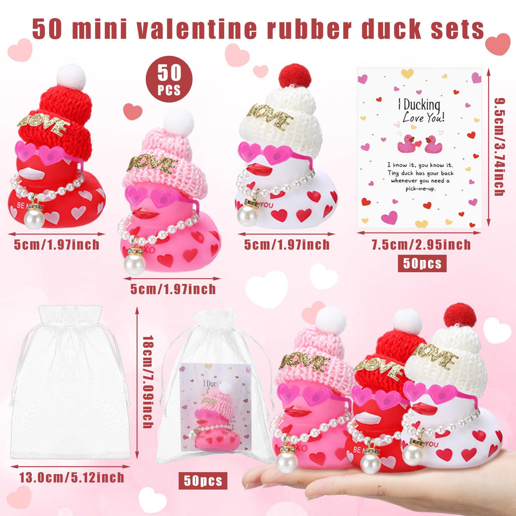 Lunmon 50 Pcs Valentine's Day Rubber Duck for Exchanging Gifts 50 Cards 50 Organza Bags 50 Hats 2 Inch Pink Red Heart Love Valentines Duck with Fake Pearl Necklace for Party Favors