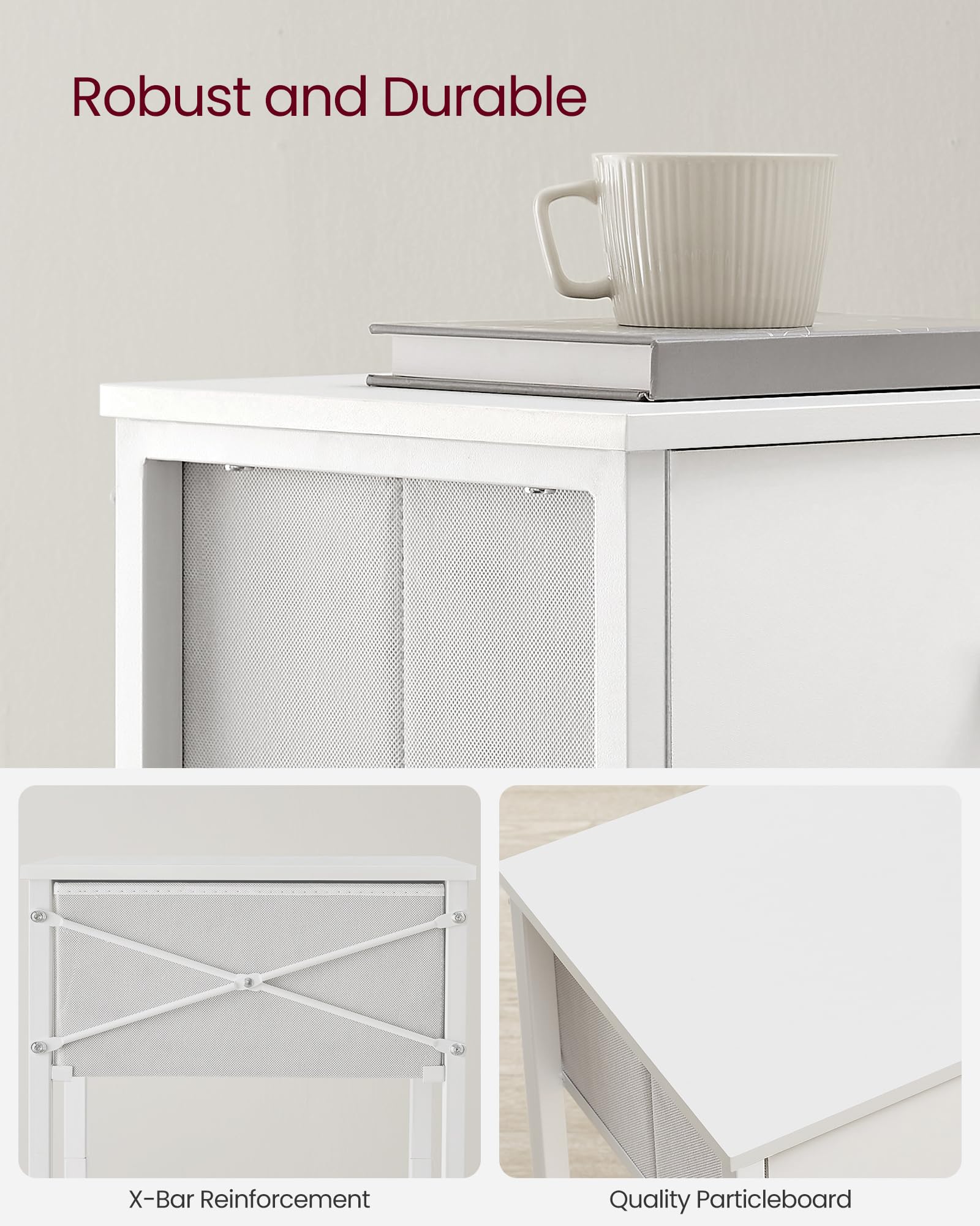 VASAGLE Nightstands, Set of 2 Side Tables with Fabric Drawer, 24-Inch Tall End Tables with Storage Shelf, Bedroom, White ULGS221W14