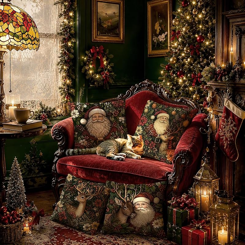 Christmas Santa Reindeer Floral Pillow Covers 18x18 Set of 4 - Multicolor