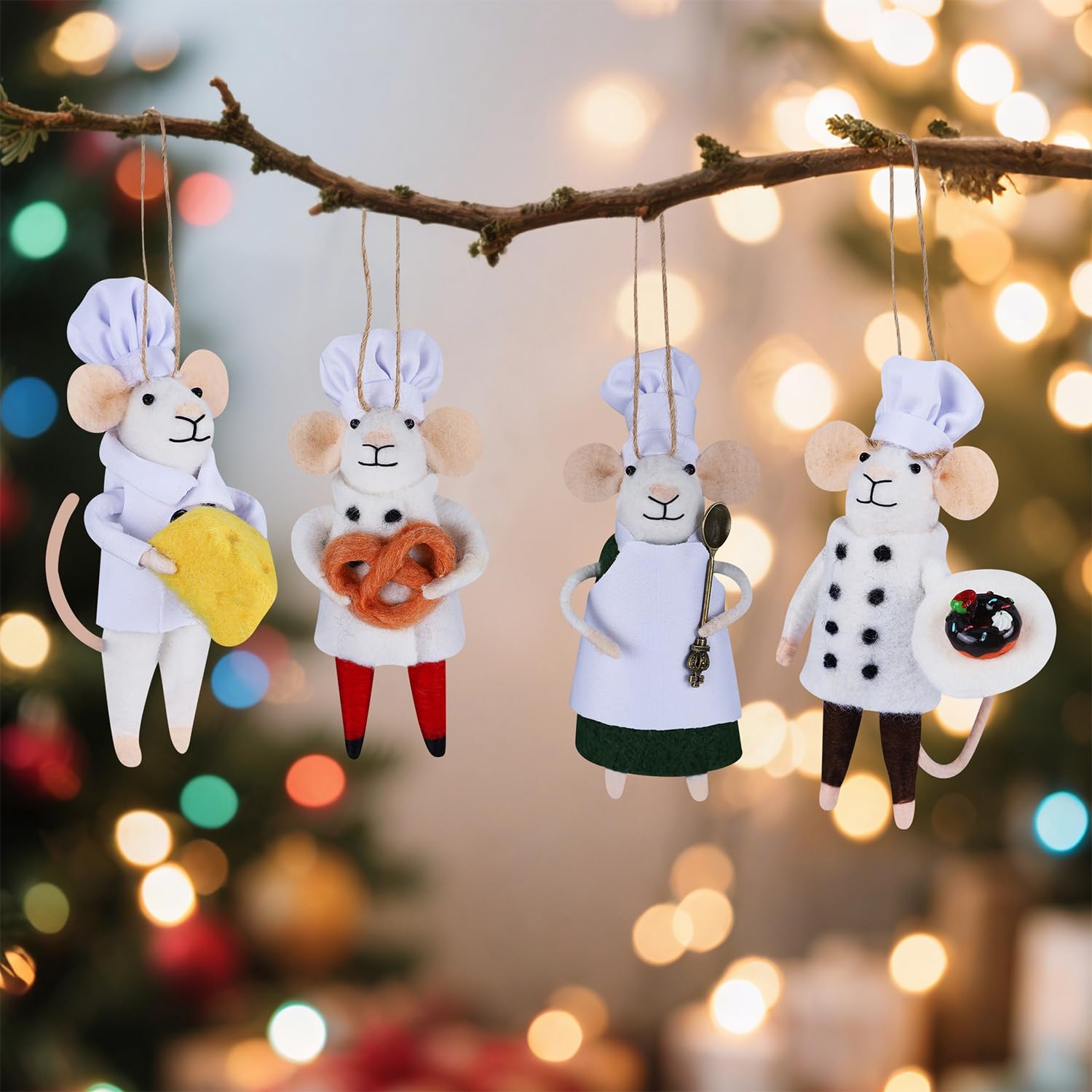 Watereem Set of 4 Christmas Felt Mouse Ornaments, 5.5" Mini Chef & Waiter Mice for Christmas Tree Wreath Hanging, Wool Xmas Tabletop Decor, Animal Crafts for Holiday Easter Gifts Party Supply