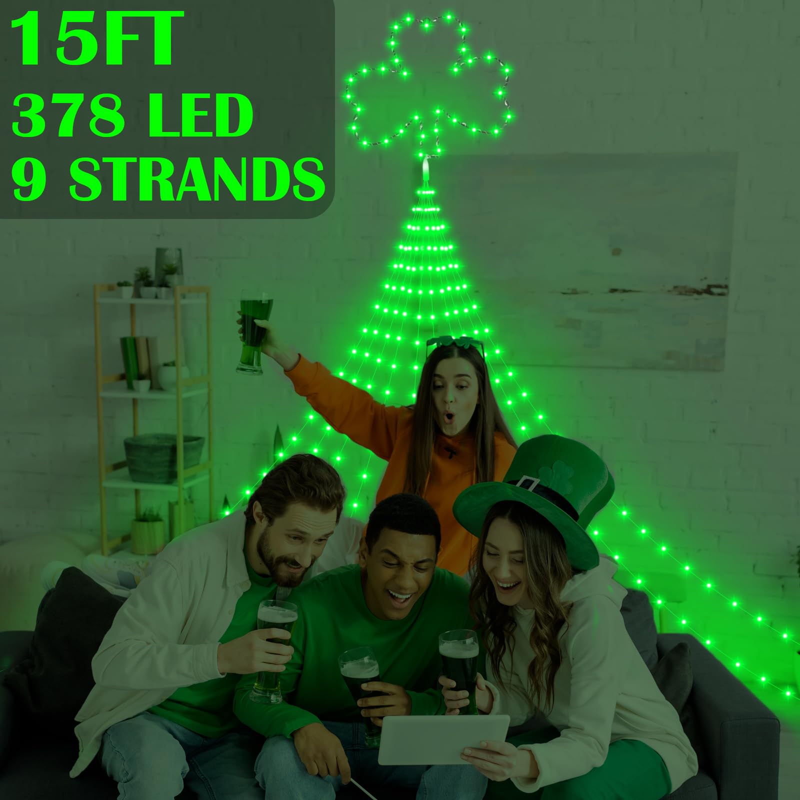 Baquler 15 ft St. Patrick's Day Decor Lights 438 LED 8 Modes Plug in Curtain Shamrock Lights String for Home Bedroom Indoor Outdoor Party Saint Patrick's Day Decor