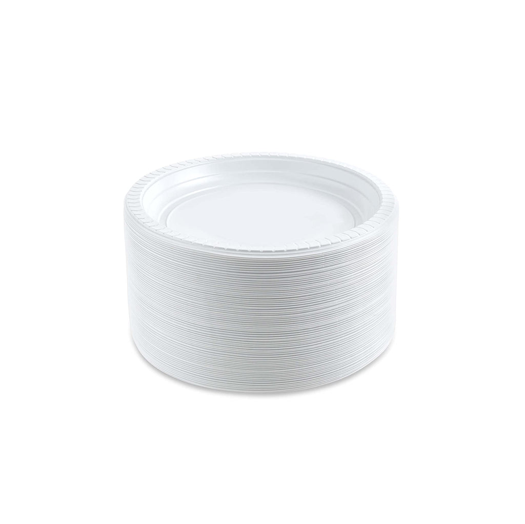 PLASTICPRO Round Plastic Plates And Bowls Microwaveable, Disposable, White, Dinnerware (800, 7'' Inch Plates)