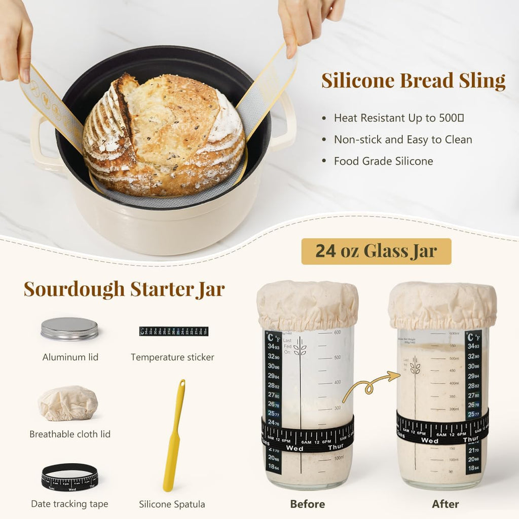 Skiennix Sourdough Starter Kit - Complete Baking Supplies with Banneton Baskets, Dough Scraper & Recipe