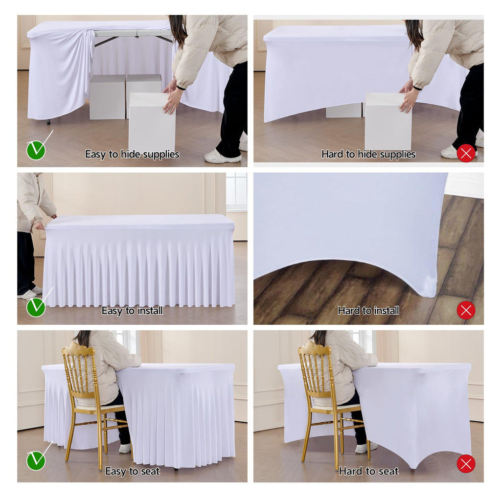 Outpain White Spandex Table Clothes for 8 Foot Rectangle Tables-2Pack 8FT Spandex Fitted Table Cover, Wrinkle Free Tablecloths with Skirt for Parties, Wedding, Birthday, Banquet, Festival