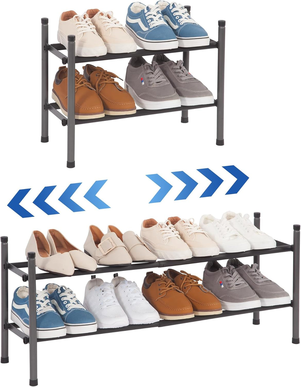 Storage Maniac Expandable Shoe Rack - 8 Pairs Stackable Metal Organizer for Closet & Entryway | Black 2 Tier
