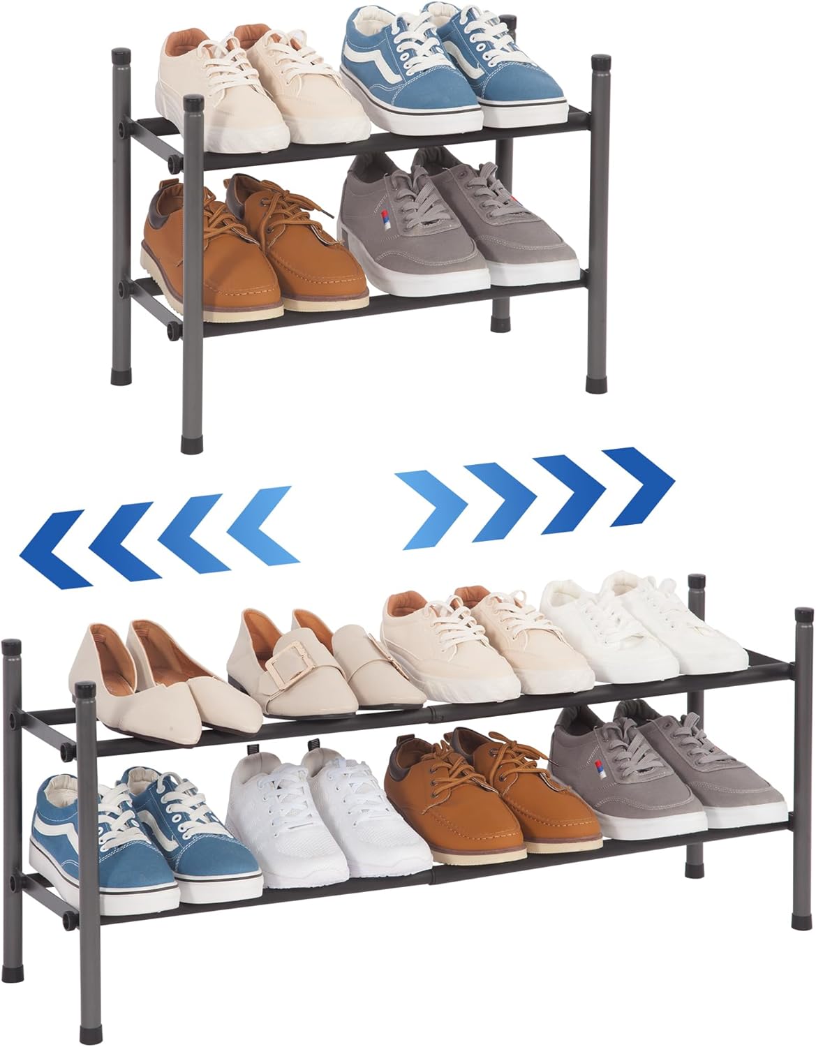 Storage Maniac Expandable Shoe Rack - 8 Pairs Stackable Metal Organizer for Closet & Entryway | Black 2 Tier