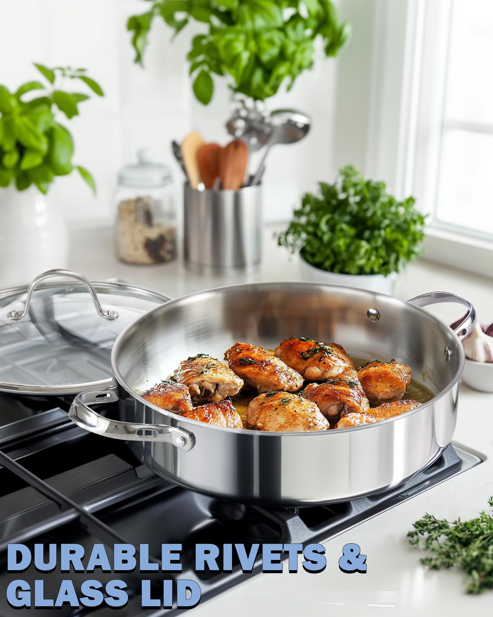 Cooks Standard Multi-Ply Clad 5.5 Quart Stainless Steel Sauté Pan, 12 Inch Deep Frying Pan Skillet with Lid, Induction-Ready Cooking Pan with Two Side Handles, Dishwasher & Oven Safe