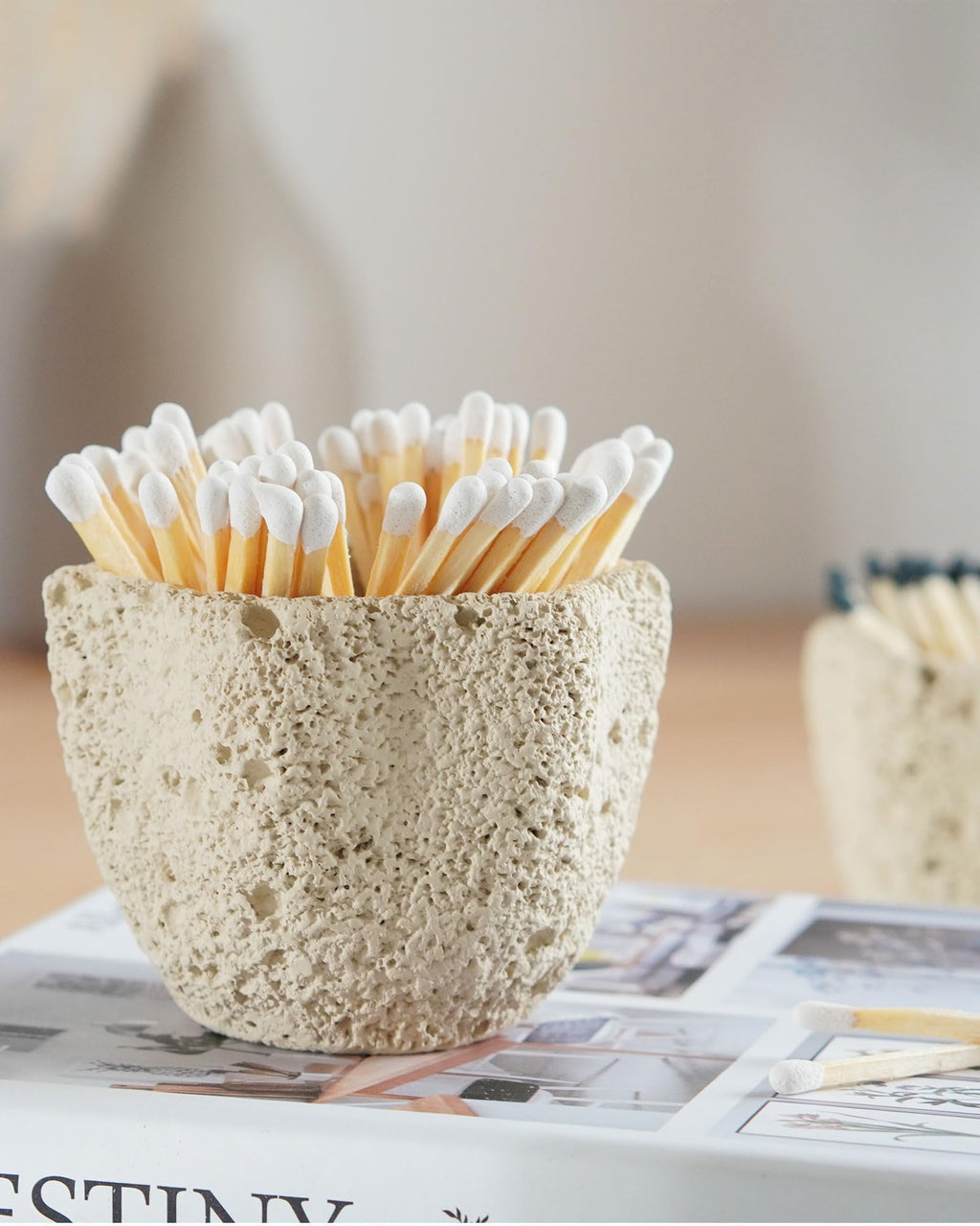 DINLiAN S Concrete Matches Holder with Striker-Beautiful Petal Shape Match in Jar-for Cute/Fancy/Long Candle Match,Refresh Any Modern Home Decor with Premium floral Jar-No Matches (milky beige)