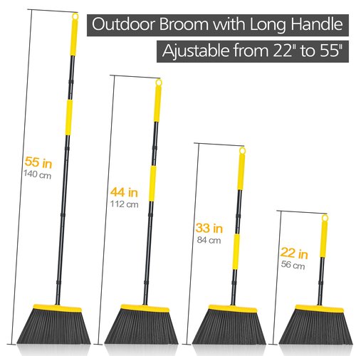JEHONN Outdoor Broom Heavy Duty with 55 inches Long Handle, Household Collapsible Angle Brush for Sweeping Indoor Kitchen Patio Shop Outside Garage Lobby Garden Deck Hardwood Floors (Yellow)