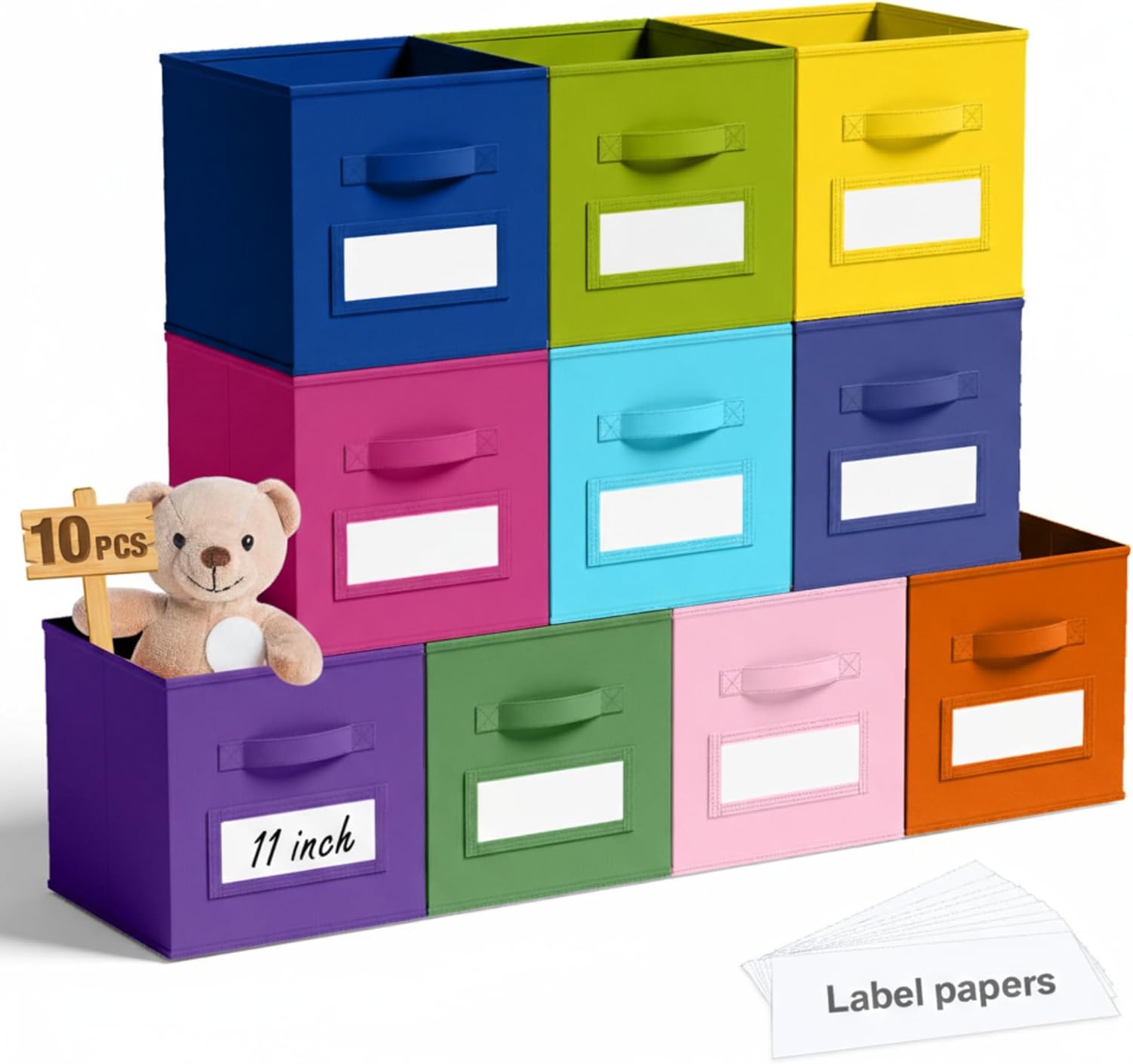 Teenyyou Fabric Storage Cubes - 11-Inch Collapsible Bins with Label Window & Handle | 10-Pack for Kids' Room, Closet, Nursery