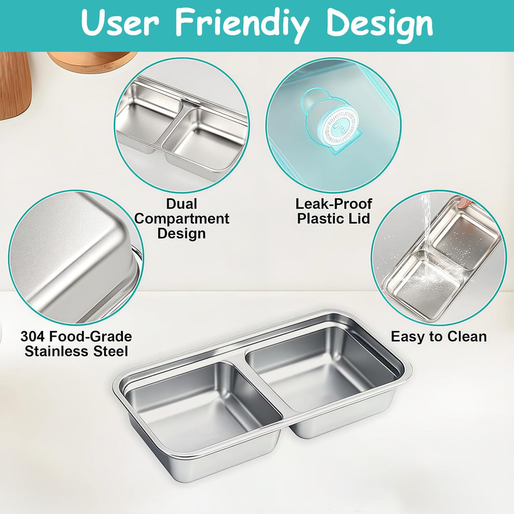 BSTUR 2Pcs 304 Stainless Steel Bento Boxes, 2 Compartments Portable Food Storage Containers Snack Boxes with Lids, Divided Meal Prep Lunch Box Food Container Dishwasher Safe