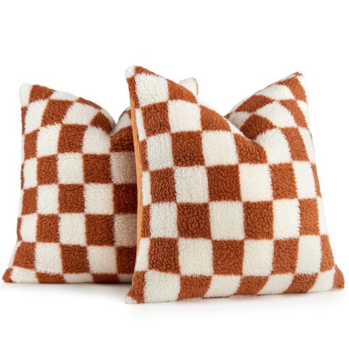 AmHoo Pack of 2 Decorative Throw Pillow Covers Checkerboard Luxury Super Soft Faux Fur Wool Set Case Cushion for Couch Sofa Bedroom 18 x 18-Inch Burnt Orange