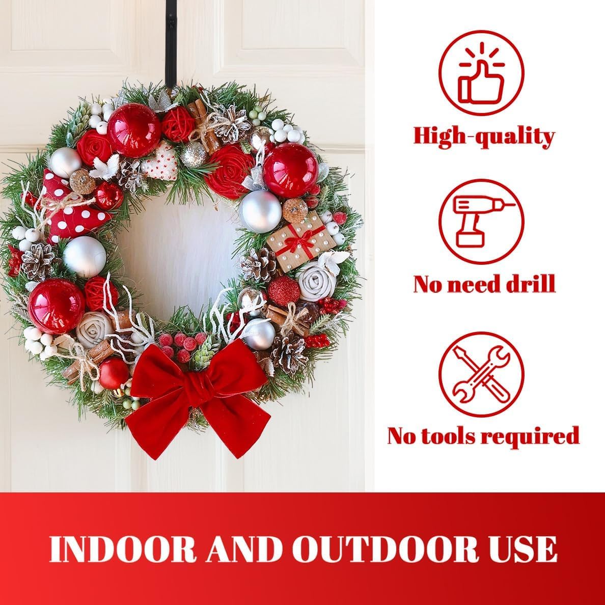 Metal Wreath Hanger - Adjustable Over-the-Door Hook | Heavy Duty, Holds Up to 20 lbs, 12-20”