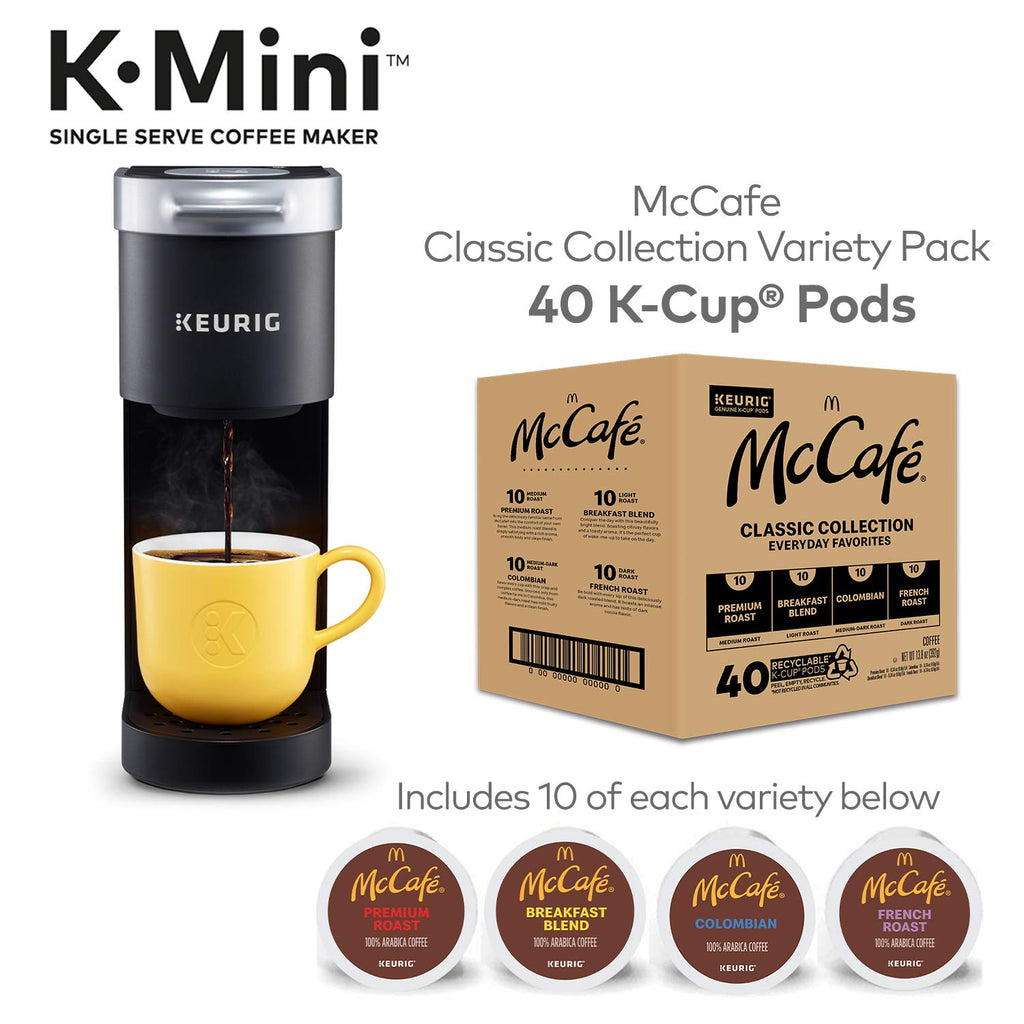 Keurig K-Mini Coffee Maker, Single Serve K-Cup Pod Coffee Brewer, Black with McCafe Classic Collection Variety Pack K-Cup Coffee Pods, 40 Count