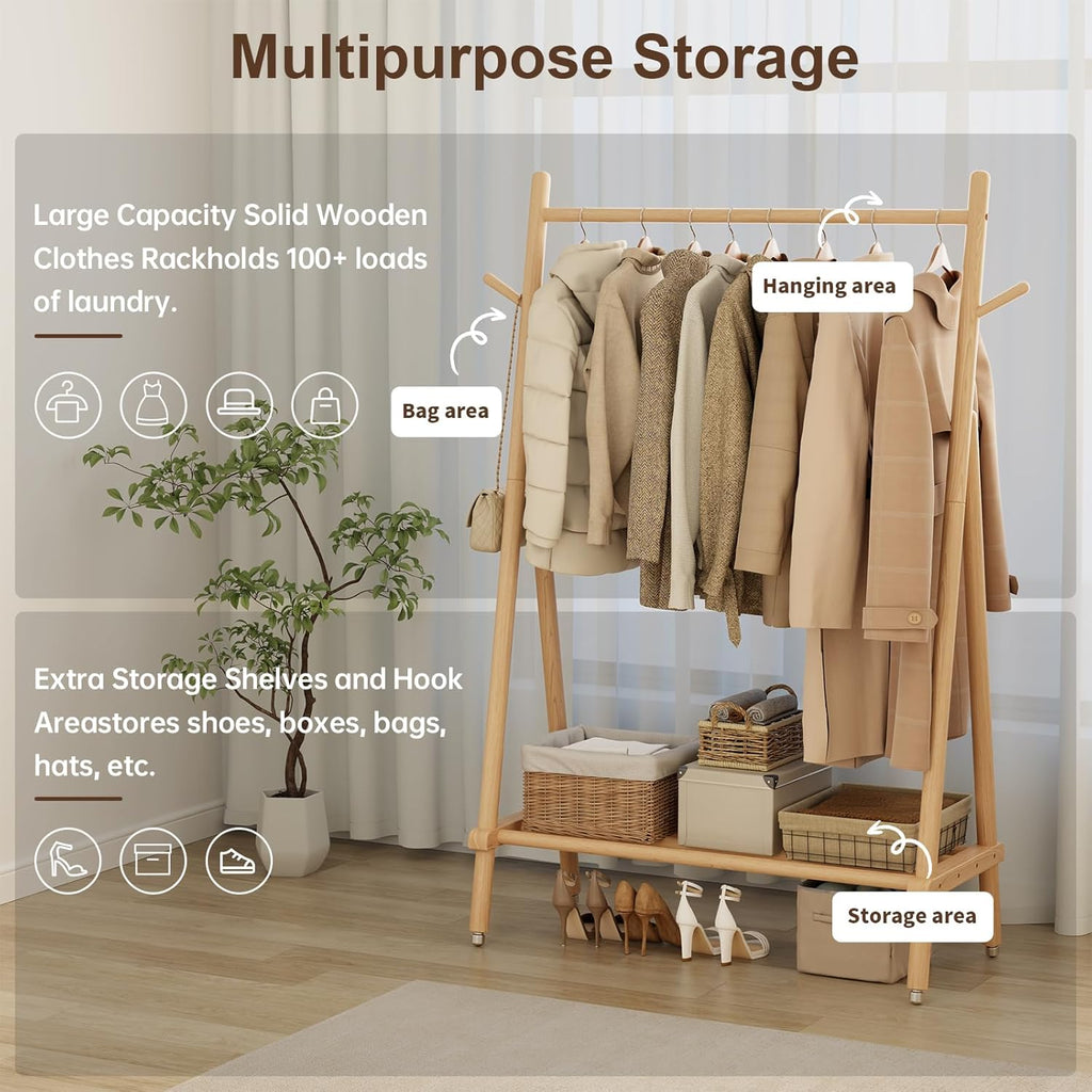 Muwuele Solid Wood Clothing Rack - Portable Rolling Garment Rack with Shelves | 350 Lbs Capacity, Natural Finish
