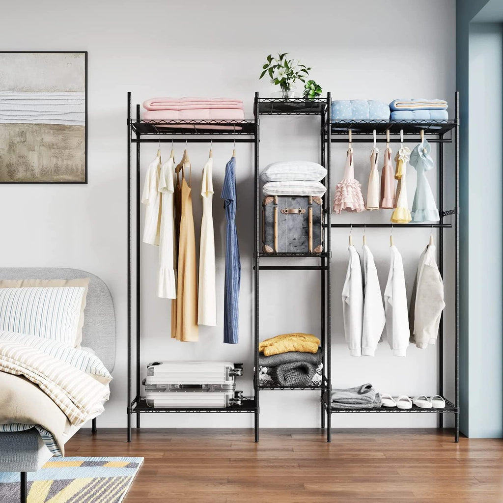 PayLessHere Metal Garment Rack - Adjustable Portable Closet with 4 Hanger Rods & 7 Shelves, Black