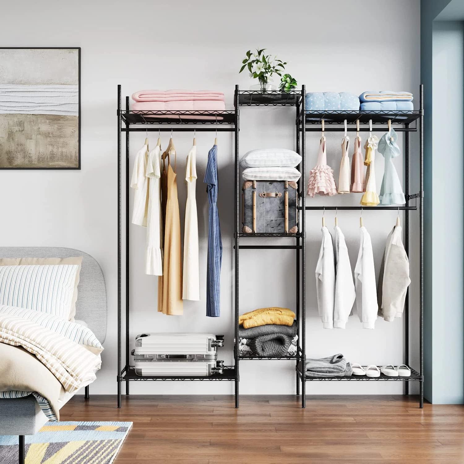 PayLessHere Metal Garment Rack - Adjustable Portable Closet with 4 Hanger Rods & 7 Shelves, Black
