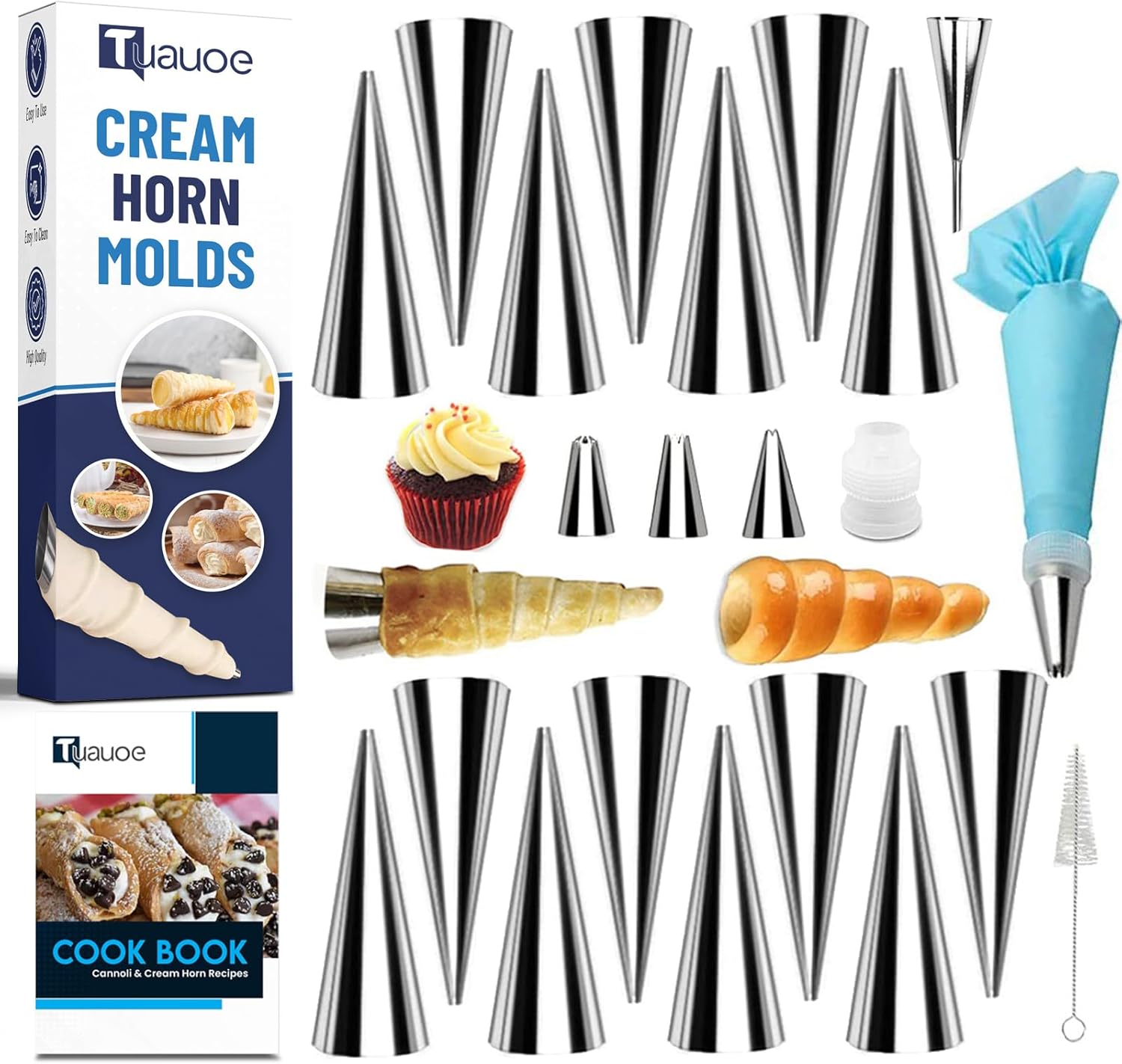 Skiennix Cream Horn Molds - 23-Piece Non-Stick Stainless Steel Set with Cleaning Brush & Piping Bag