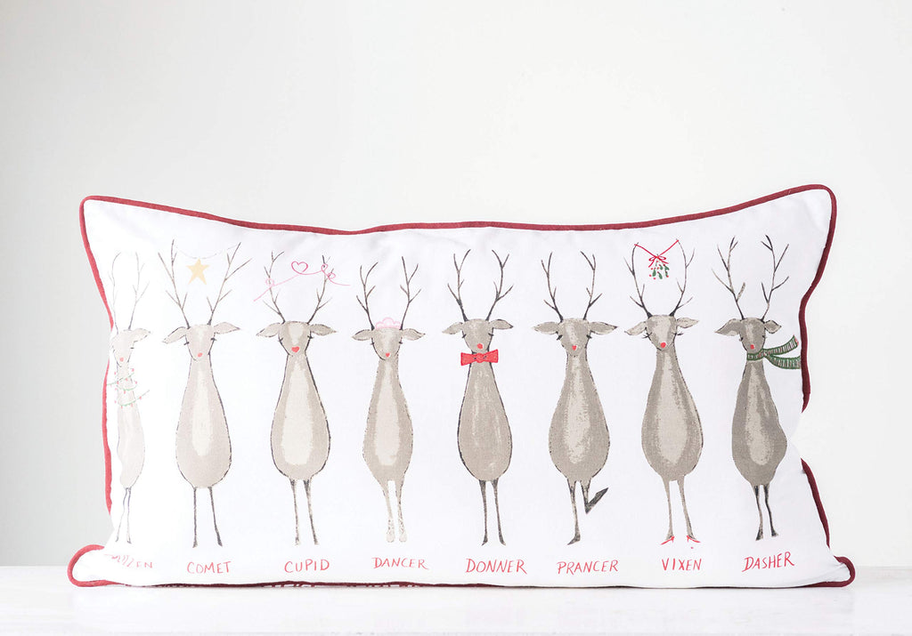 Creative Co-Op Rectangle Santa's Reindeer Cotton Pillow with Red Piping