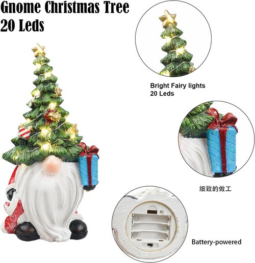 Lighted Christmas Tree Gnome Decoration - 11-Inch Resin Figurine for Festive Indoor Holiday Decor