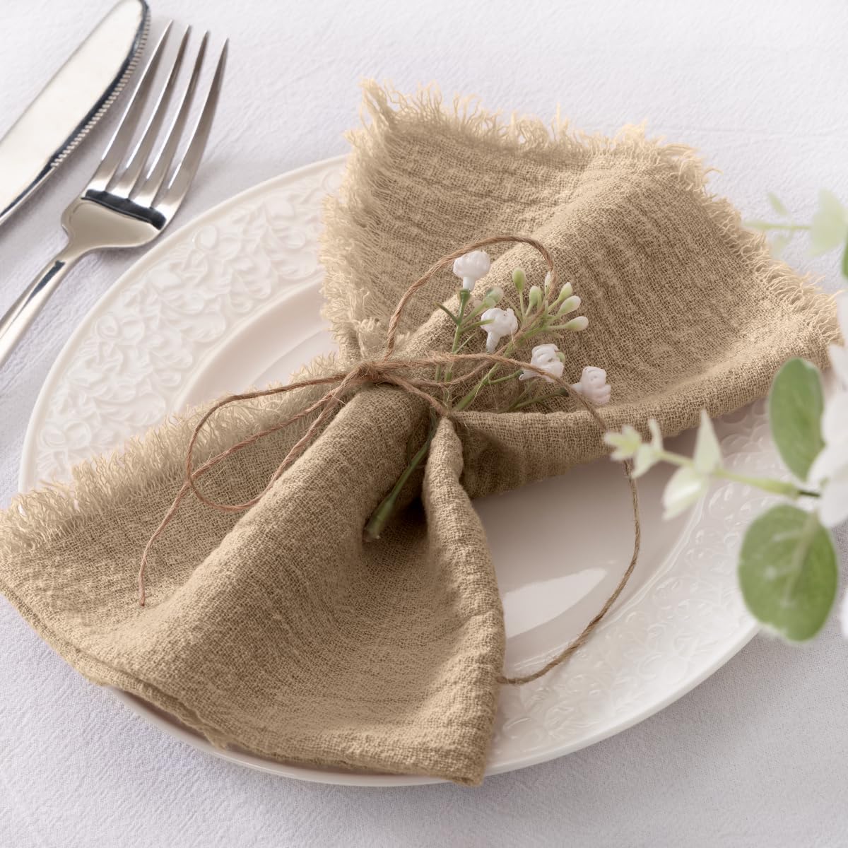 Socomi Linen Napkins Set of 6 - Washable Caramel Cloth Napkins for Weddings & Parties | 17"x17" Size