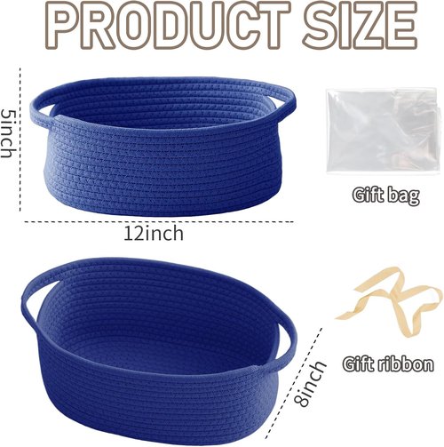 JMvicyroam Woven Storage Baskets - Small Rope Bins with Handles for Organizing Shelves | Navy Blue, 2-Pack