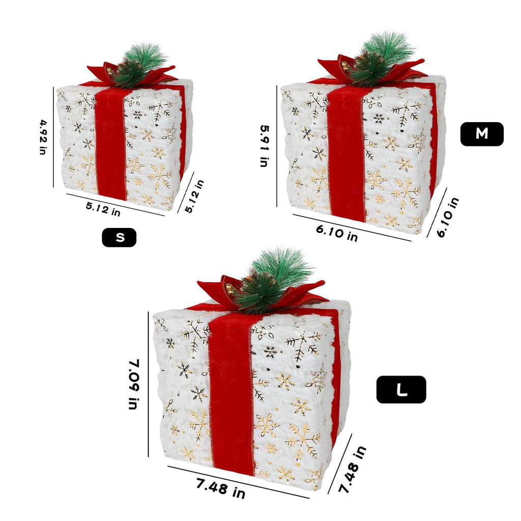 MorTime Christmas Lighted Boxes with Bows, Set of 3 Plush Gift Boxes with Gold Snowflake Pinecone Berry, Present Boxes with 60 LEDs for Christmas Decorations