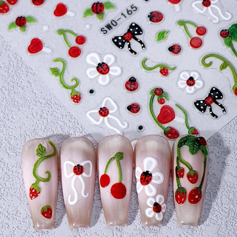 5D Embossed Nail Art Stickers Strawberry Ladybug Self-Adhesive Decals