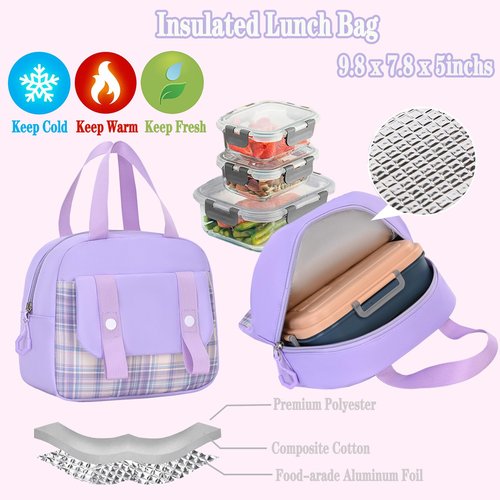 NSEQB Girls Backpack Set With Lunch Bag and Multi-Compartment Pencil Case,Cute Girls School Backpack For Kids,Childrens Schoolbag For Kindergarten Elementary Primary（Purple-3PCS）