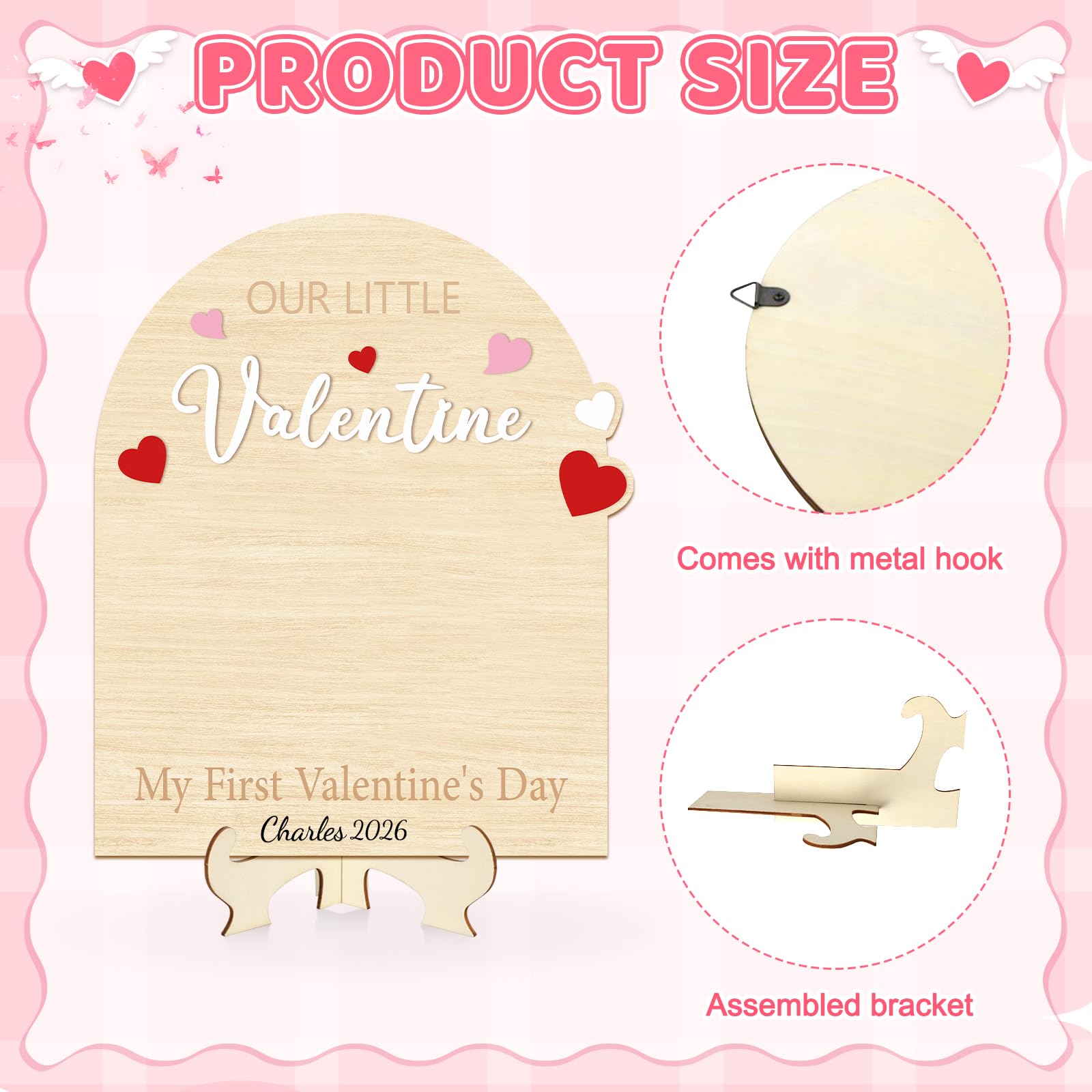 Sereliy Baby's First Valentine's Day DIY Footprint Art Card, Our Little Valentine Wood Sign Milestone Keepsake Ornaments for Baby Shower Newborn Photoshoot Prop (Word)