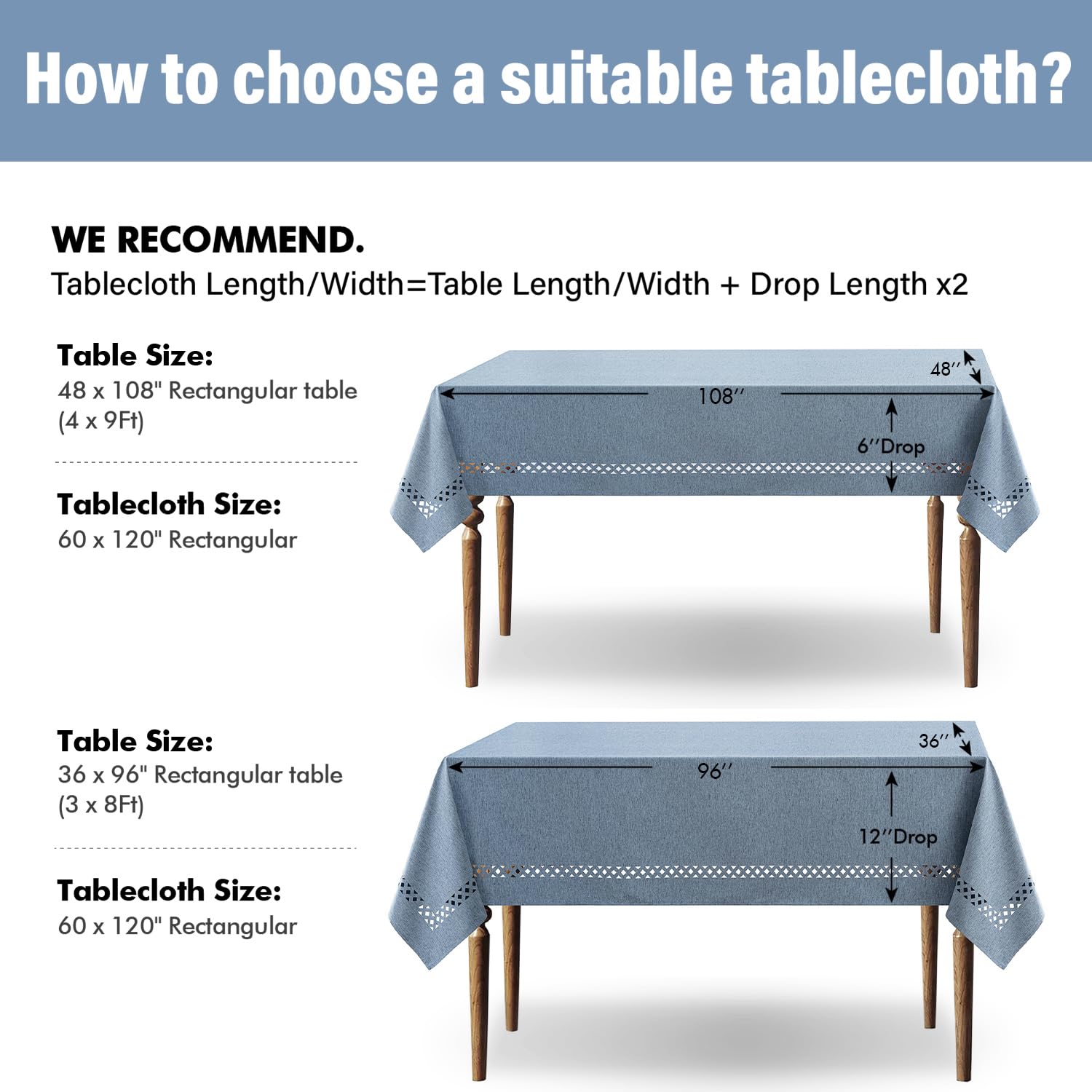 MIULEE Dusty Blue Rectangle Linen Polyester Tablecloth with Decorative Cutouts Waterproof Stain Resistant & Shrink-Proof Table Cloth 60x120 inch Farmhouse Style for Dining Wedding Party