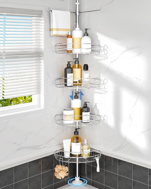 ALLZONE Corner Shower Caddy - Adjustable 4-Tier Rustproof Bathroom Organizer | Tension Mounted, 56-113 Inch Height, Silver