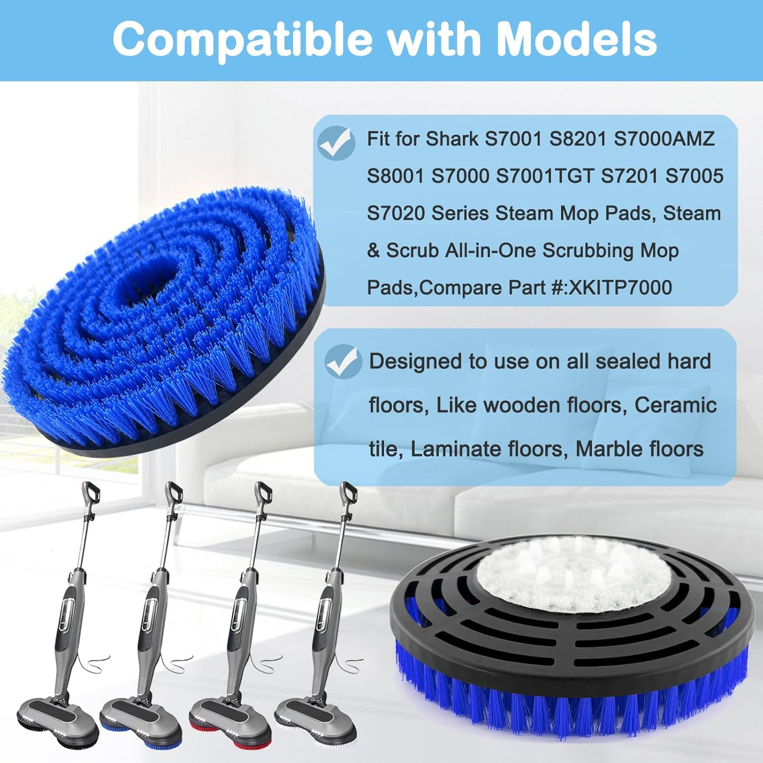 Shark S8201 Replacement Steam Mop Brush Heads - 2 Pack Upgraded Washable Scrubbing Brushes | Blue