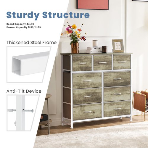 DUMOS 9 Drawer Dresser for Bedroom, Fabric Storage Organizer with Sturdy Metal Frame, Wooden Top Chest of Drawers for Closet Entryway Guest Room,Gold