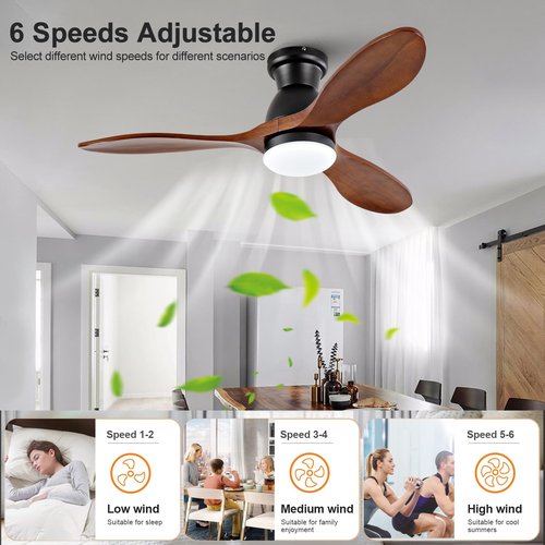 Dimmable 42 Inch Flush Mount Ceiling Fans with Lights and Remote, 3 Blade Wood Bedroom Ceiling Fan with Lights Low Profile Ceiling Fan with Light Outdoor Ceiling Fans for Patios Living Room