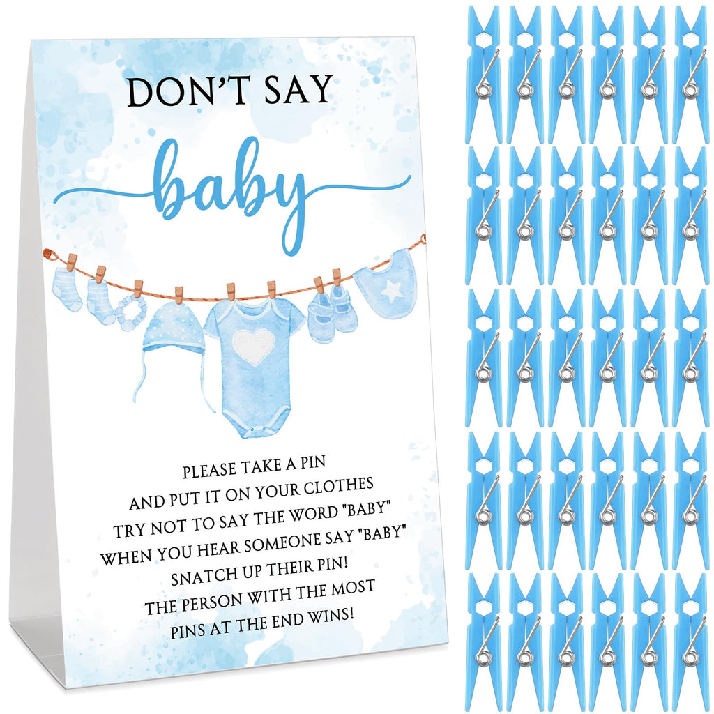 Cinnvoice 51 Pcs Baby Shower Games Supplies Include Blue Clothespins Don't Say Sign and 50 Plastic Clip Funny Baby Shower Party Decorations for Gender Reveal Favors