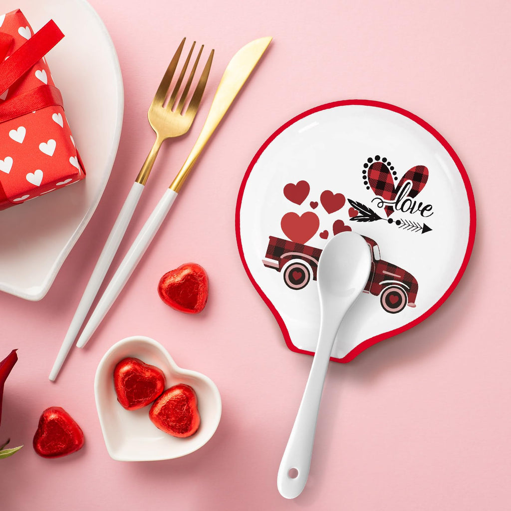 4.7inch Valentine Ceramic Spoon Rest Red Plaid Truck Heart Love Coffee Spoon Holder for Valentine's Day Coffee Stirrers Teaspoon Bar Coffee Station Accessories