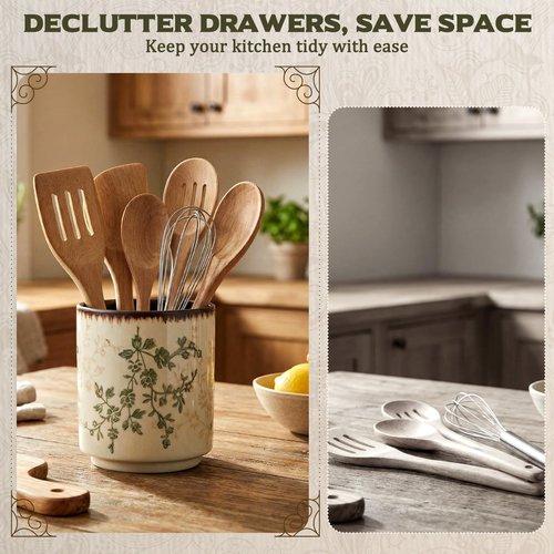 Teecyhooo Rustic Ceramic Utensil Holder for Kitchen Counter 5.5" Floral Utensils Crock Tuscany Countertop Cooking Tools Elegant Storage Caddy for Spatula Spoon Farmhouse Decor Housewarming Gift