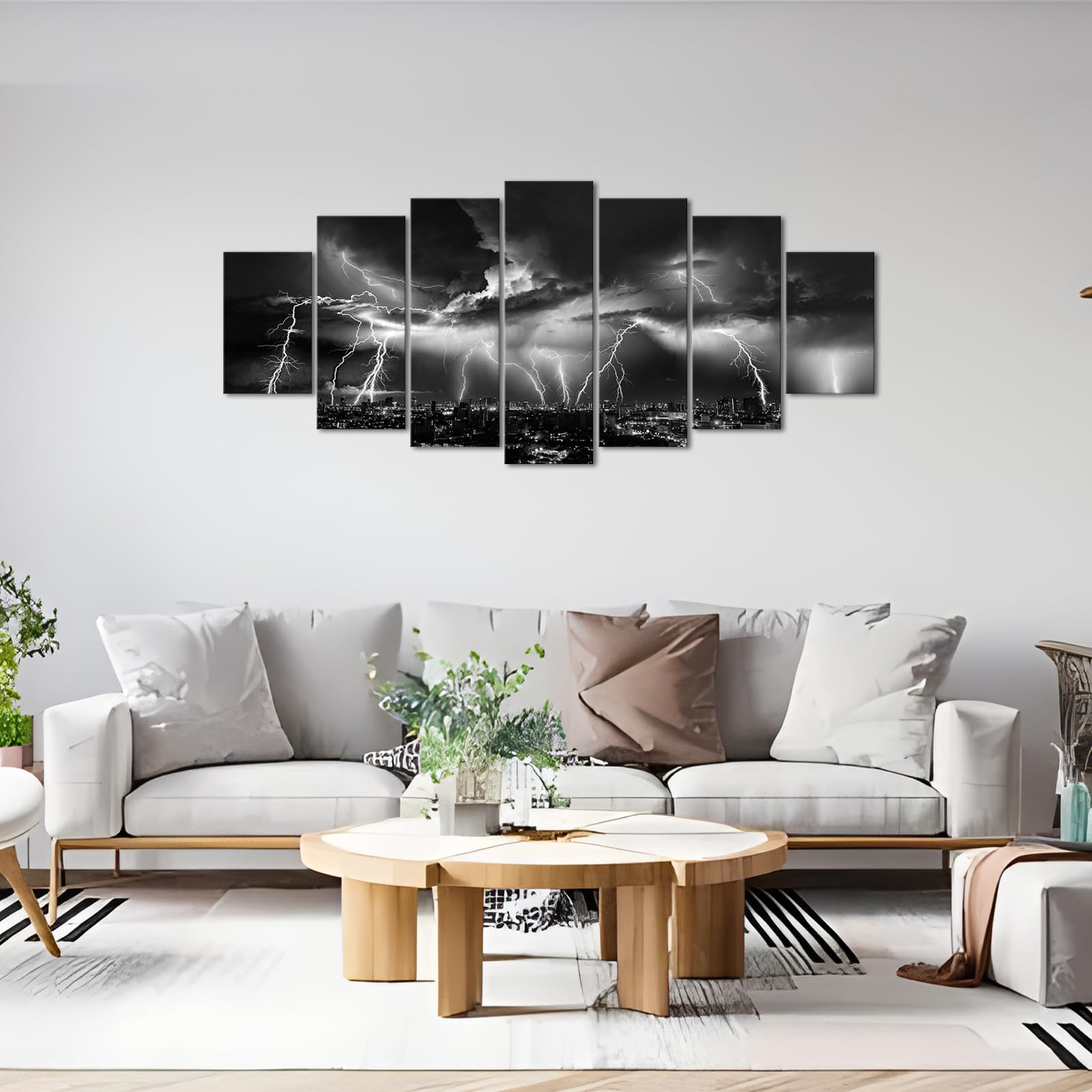 Biuteawal Large 7 Piece Black and White Wall Art Lightning Strikes Painting on Canvas Storm Cityscape Picture Print Nature and City Artwork for Home Office Bedroom Decoration