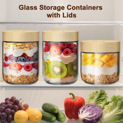 qiaomifeng 2 Pack 16oz Glass Jars with Bamboo Lids, Overnight Oats Containers with Airtight Lids, Storage Containers Wide Mouth Mason jars for Salad,Yogurt, Sugar, Snacks, Spices