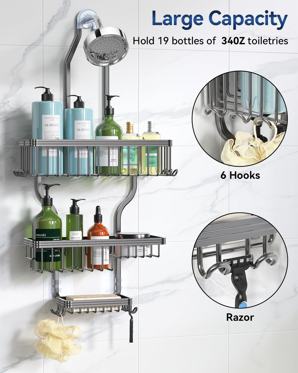 YASONIC Shower Caddy - Durable Aluminum Organizer with 10 Hooks & Soap Basket - Grey