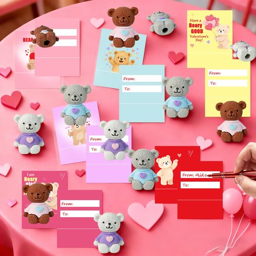 24pcs Valentines Day Gifts for Kids,Valentines Day Cards with Bear Erasers,Valentine Bulk Erasers School Classroom Students Exchange Gifts Party Favors