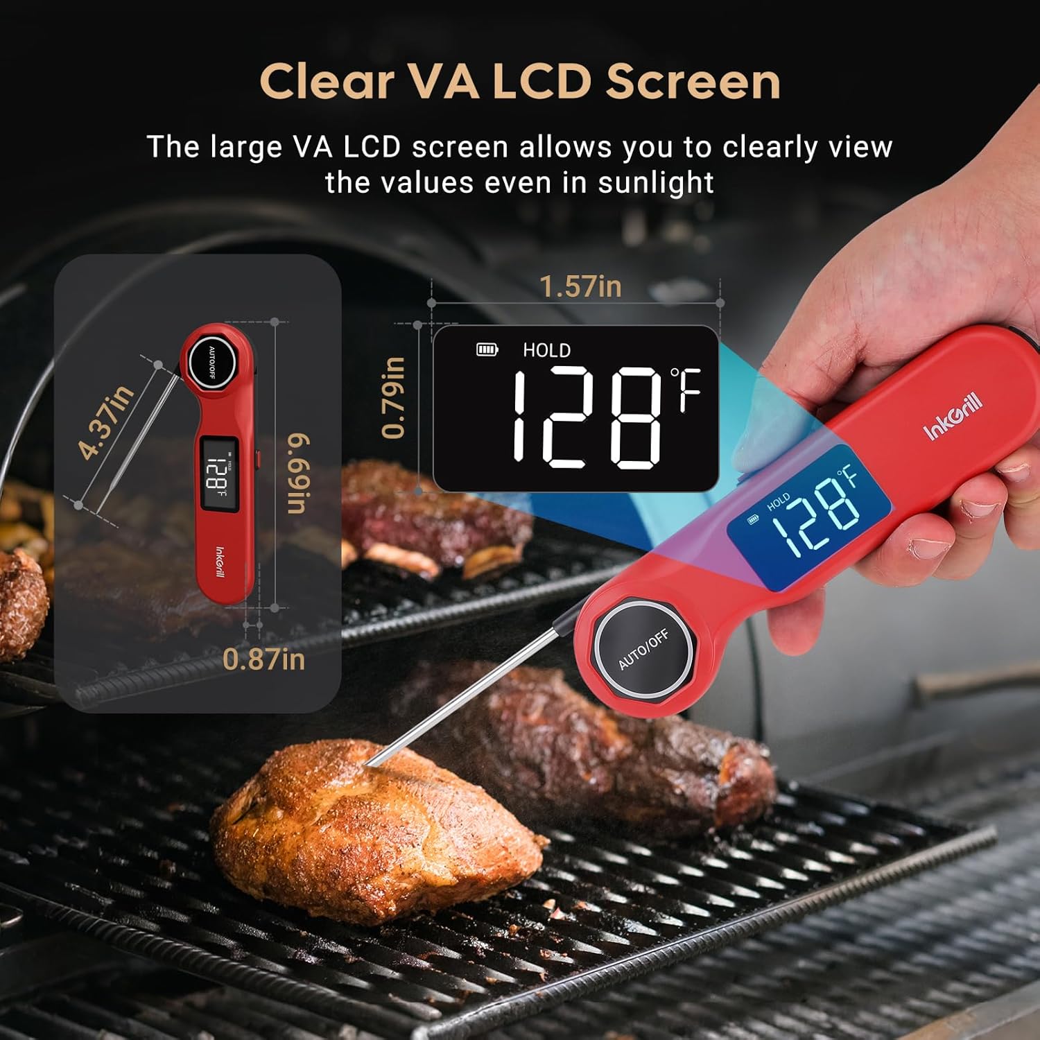 Skiennix Instant Read Meat Thermometer - Rechargeable Digital Food Thermometer with High Precision Sensor | Waterproof, 1.42" Screen