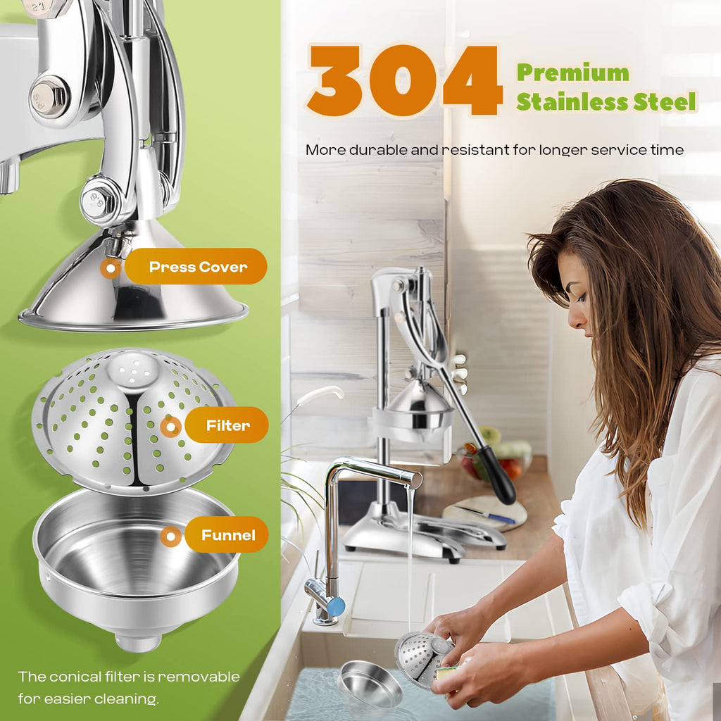 Luzrise Manual Juicer Hand Press Professional Citrus Juicer Countertop Metal Orange Lemon Pomegranate Squeezer for Commercial Home Restaurant Use( Stainless Steel Heavy Duty Extra Large 7.4*9.8*19.3")