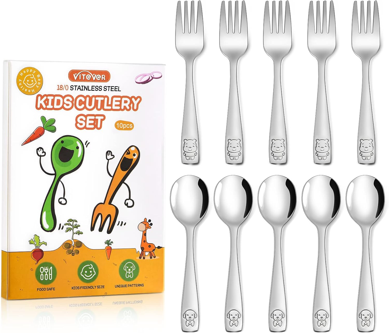VITEVER Toddler Utensils Set - 10-Piece Kids Stainless Steel Silverware | Safe Forks & Spoons, Dishwasher Safe