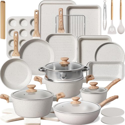 Kikcoin Nonstick Pots and Pans Set - 31 Piece Kitchen Cookware Set with Grill Pan & Utensils | Cream White