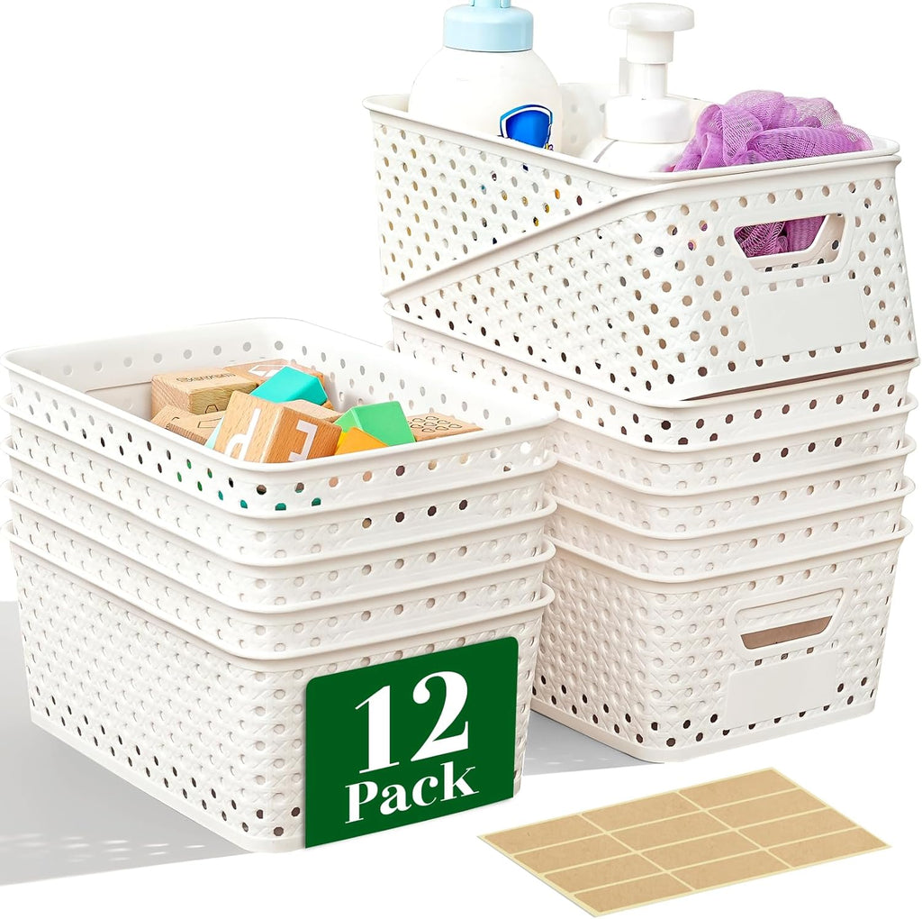 Plastic Storage Baskets - 12 Pack Organizing Bins with Handles & Labels for Home, Office, Closet