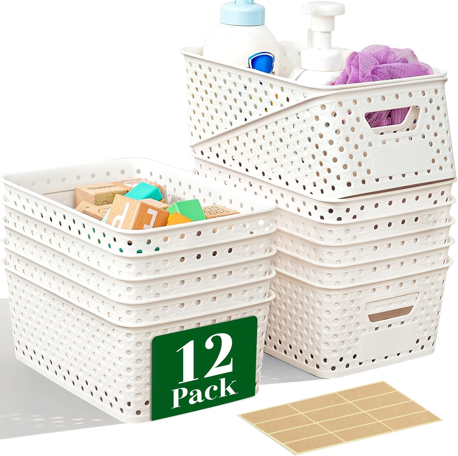 Plastic Storage Baskets - 12 Pack Organizing Bins with Handles & Labels for Home, Office, Closet