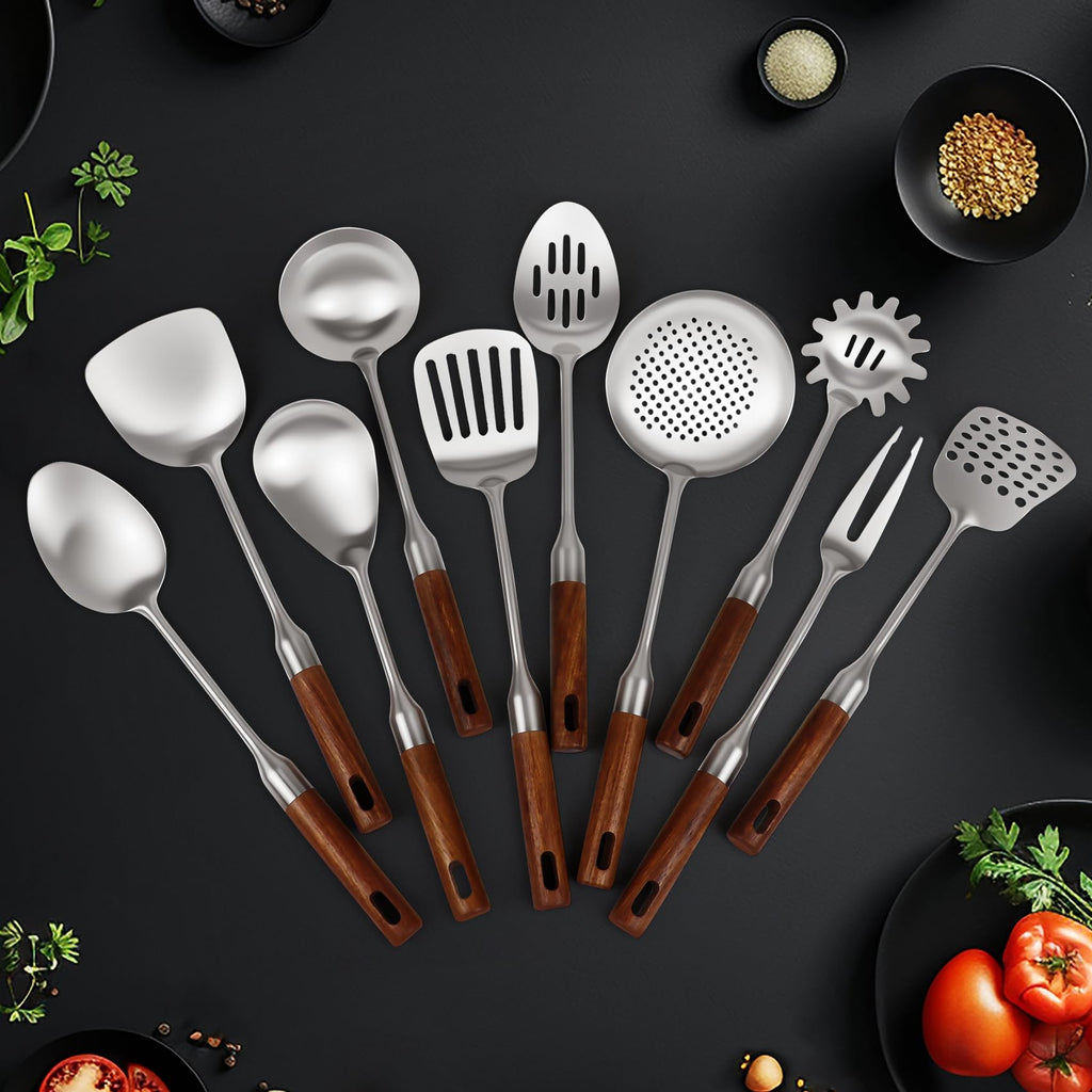 304 Stainless Steel Cooking Utensils Set with Wood Handle,10 Piece Metal Kitchen Utensils Dishwasher Safe Heat Resistant Serving Utensil Wok Tools (13-14in)